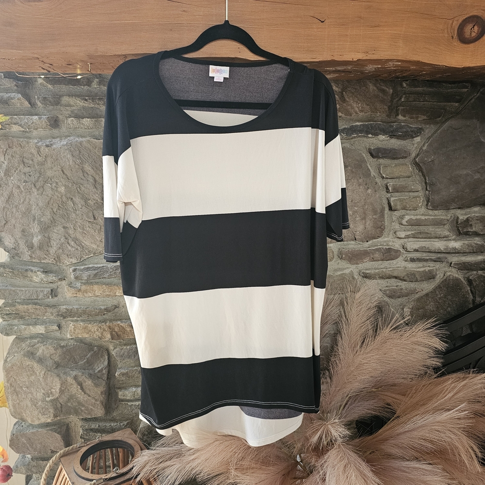 LuLaRoe Black and Cream Striped Short Sleeve Top